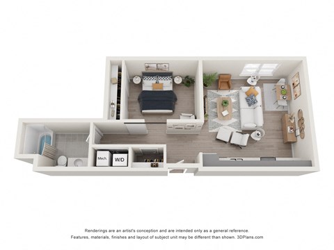 a stylized floor plan with a bedroom and living room